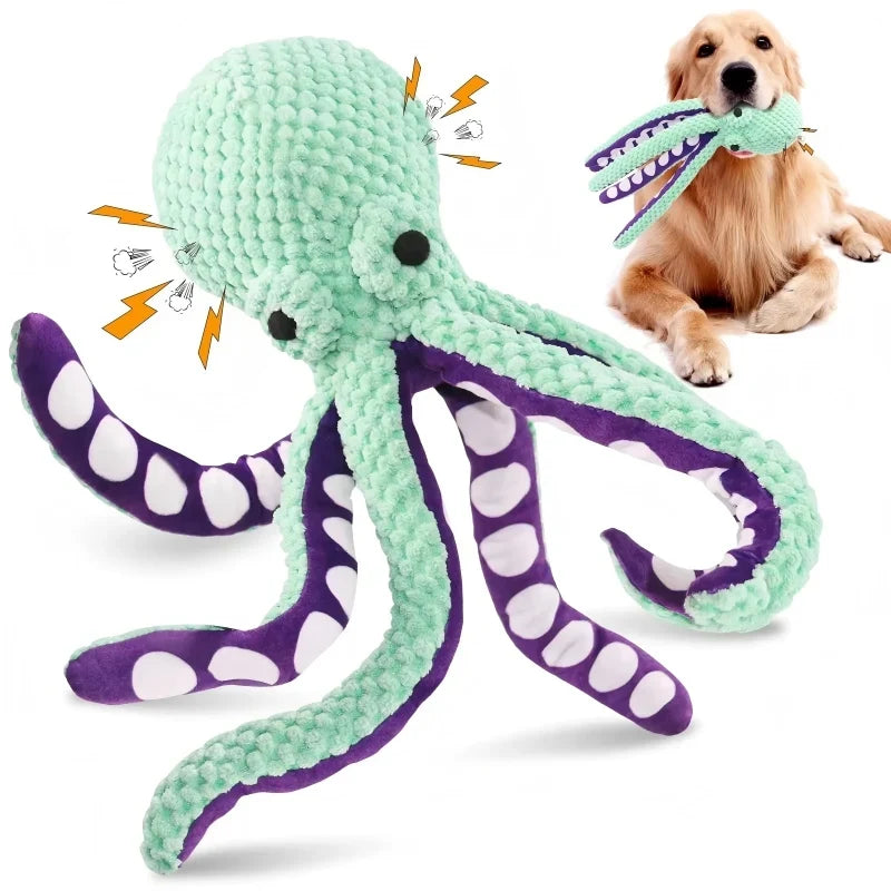 Peluche de pulpo chirriante para mascotas, juguete interactivo resistente a mordeduras, juguete masticable para perros para limpieza dental, para perros pequeños y medianos