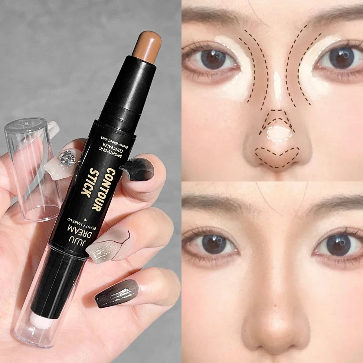Double-ended dual-purpose highlighter and contour stick, for three-dimensional contouring, nose shading, facial sculpting, highlighting, and shading.