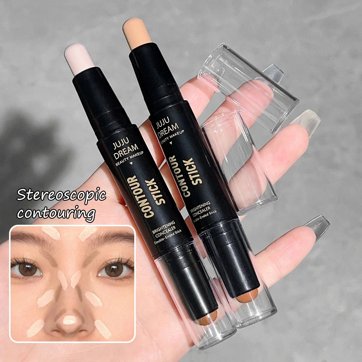 Double-ended dual-purpose highlighter and contour stick, for three-dimensional contouring, nose shading, facial sculpting, highlighting, and shading.