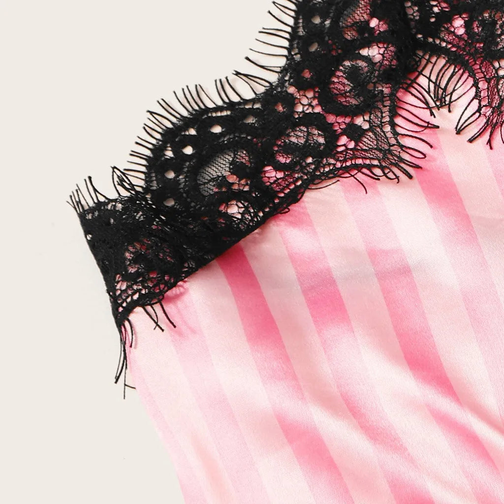 Satin Silk Pajamas Set Women Sexy Lace Sleepwear Summer Hot V-neck Sleeveless Pijamas Faux Silk Homewear Pink Striped Nightwear