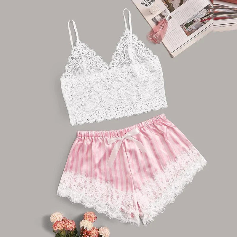 Women's Sexy Lace Satin Silk Pajama Set, Summer Sleeveless V-Neck Sleepwear, Faux Silk Pink Striped Loungewear